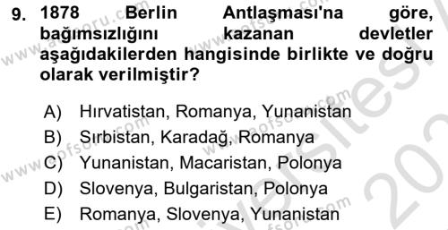 Osmanlı Tarihi (1876–1918) Dersi 2022 - 2023 Yılı Yaz Okulu Sınavı 9. Soru