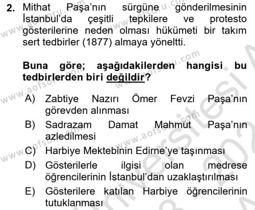 Osmanlı Tarihi (1876–1918) Dersi 2023 - 2024 Yılı (Vize) Ara Sınavı 2. Soru