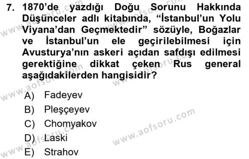 Osmanlı Tarihi (1876–1918) Dersi 2023 - 2024 Yılı (Vize) Ara Sınavı 7. Soru
