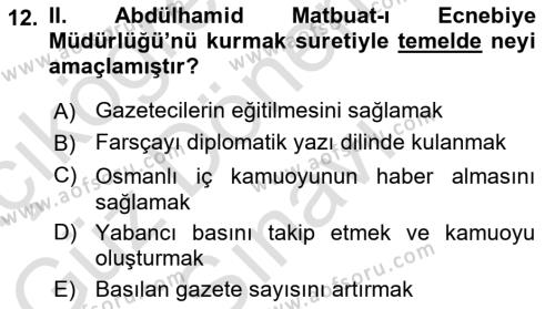 Osmanlı Tarihi (1876–1918) Dersi 2023 - 2024 Yılı (Final) Dönem Sonu Sınavı 12. Soru