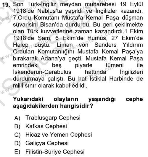 Osmanlı Tarihi (1876–1918) Dersi 2023 - 2024 Yılı (Final) Dönem Sonu Sınavı 19. Soru