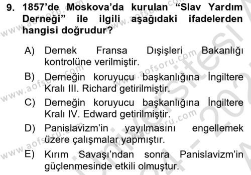 Osmanlı Tarihi (1876–1918) Dersi 2024 - 2025 Yılı (Vize) Ara Sınavı 9. Soru