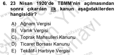 Türkiye Cumhuriyeti İktisat Tarihi Dersi 2021 - 2022 Yılı (Vize) Ara Sınavı 6. Soru