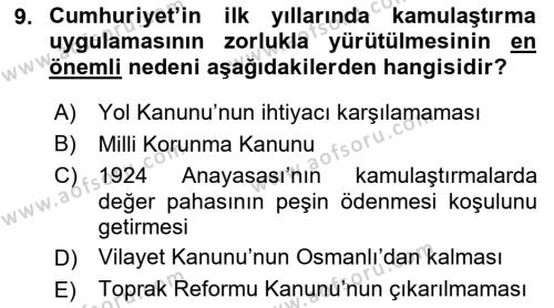 Türkiye Cumhuriyeti İktisat Tarihi Dersi 2021 - 2022 Yılı (Vize) Ara Sınavı 9. Soru