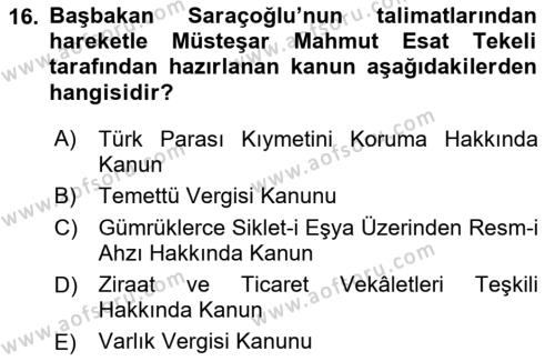 Türkiye Cumhuriyeti İktisat Tarihi Dersi 2023 - 2024 Yılı (Vize) Ara Sınavı 16. Soru