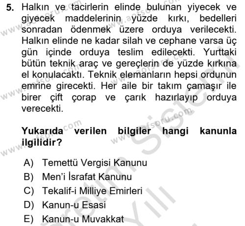 Türkiye Cumhuriyeti İktisat Tarihi Dersi 2023 - 2024 Yılı (Vize) Ara Sınavı 5. Soru