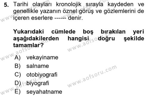 Tarihi Coğrafya Dersi 2020 - 2021 Yılı Yaz Okulu Sınavı 5. Soru