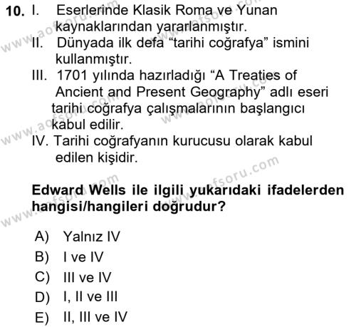 Tarihi Coğrafya Dersi 2022 - 2023 Yılı (Vize) Ara Sınavı 10. Soru