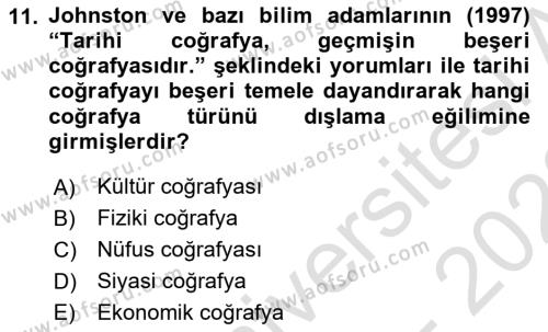 Tarihi Coğrafya Dersi 2022 - 2023 Yılı (Vize) Ara Sınavı 11. Soru