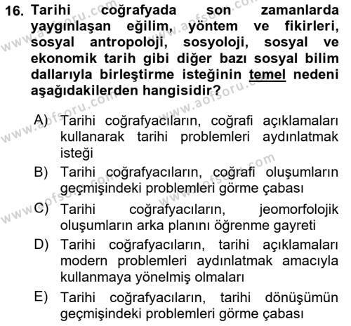 Tarihi Coğrafya Dersi 2022 - 2023 Yılı (Vize) Ara Sınavı 16. Soru