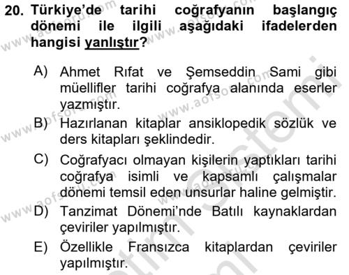 Tarihi Coğrafya Dersi 2022 - 2023 Yılı (Final) Dönem Sonu Sınavı 20. Soru