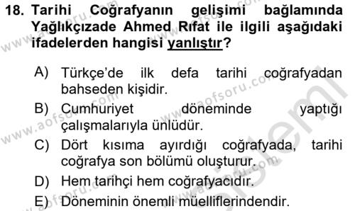 Tarihi Coğrafya Dersi 2024 - 2025 Yılı (Vize) Ara Sınavı 18. Soru