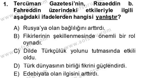 XIX. Yüzyıl Türk Dünyası Dersi 2013 - 2014 Yılı (Vize) Ara Sınavı 1. Soru