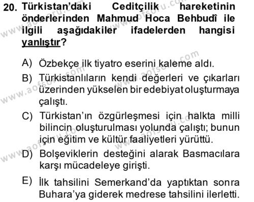 XIX. Yüzyıl Türk Dünyası Dersi 2013 - 2014 Yılı (Final) Dönem Sonu Sınavı 20. Soru