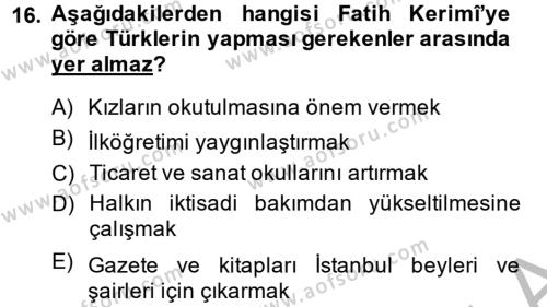 XIX. Yüzyıl Türk Dünyası Dersi 2014 - 2015 Yılı (Vize) Ara Sınavı 16. Soru