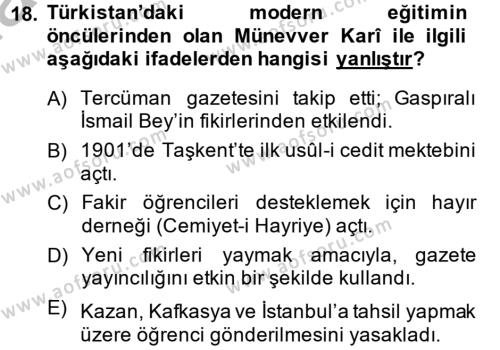 XIX. Yüzyıl Türk Dünyası Dersi 2014 - 2015 Yılı (Final) Dönem Sonu Sınavı 18. Soru
