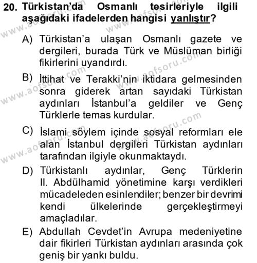XIX. Yüzyıl Türk Dünyası Dersi 2014 - 2015 Yılı (Final) Dönem Sonu Sınavı 20. Soru