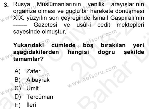 XIX. Yüzyıl Türk Dünyası Dersi 2018 - 2019 Yılı (Vize) Ara Sınavı 3. Soru
