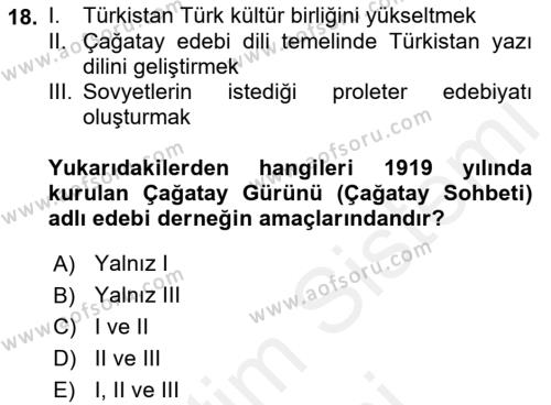 XIX. Yüzyıl Türk Dünyası Dersi 2018 - 2019 Yılı (Final) Dönem Sonu Sınavı 18. Soru