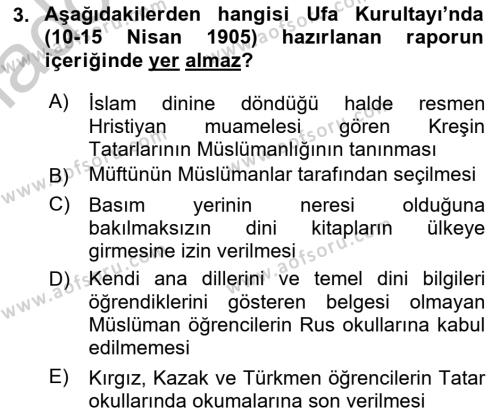 XIX. Yüzyıl Türk Dünyası Dersi 2018 - 2019 Yılı Yaz Okulu Sınavı 3. Soru