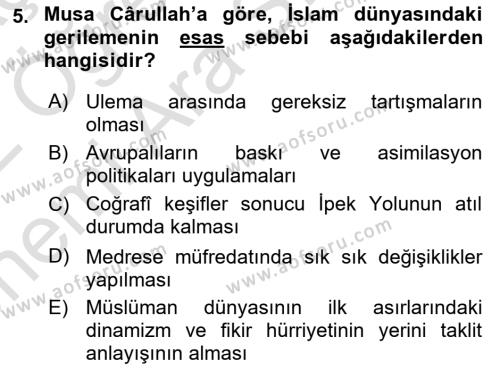 XIX. Yüzyıl Türk Dünyası Dersi 2021 - 2022 Yılı (Vize) Ara Sınavı 5. Soru