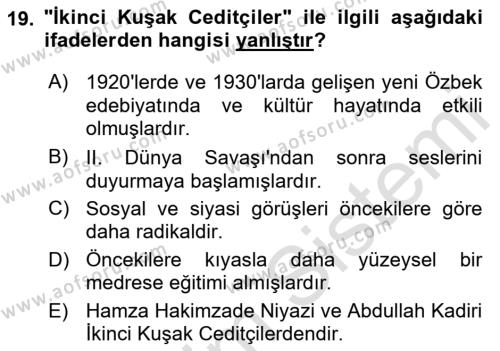 XIX. Yüzyıl Türk Dünyası Dersi 2021 - 2022 Yılı (Final) Dönem Sonu Sınavı 19. Soru