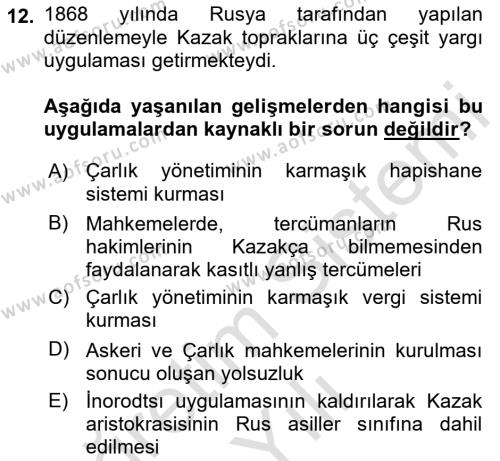 XIX. Yüzyıl Türk Dünyası Dersi 2021 - 2022 Yılı Yaz Okulu Sınavı 12. Soru