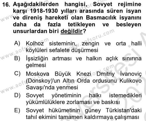 XIX. Yüzyıl Türk Dünyası Dersi 2021 - 2022 Yılı Yaz Okulu Sınavı 16. Soru