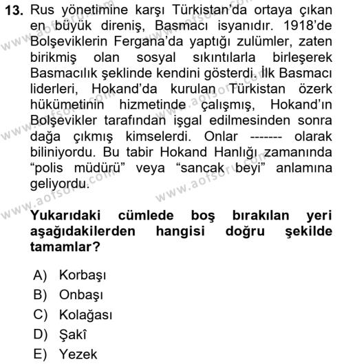 XIX. Yüzyıl Türk Dünyası Dersi 2023 - 2024 Yılı (Final) Dönem Sonu Sınavı 13. Soru