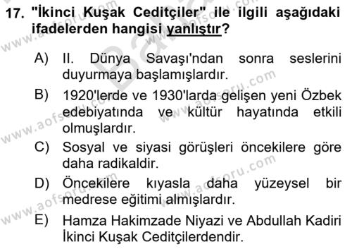 XIX. Yüzyıl Türk Dünyası Dersi 2023 - 2024 Yılı (Final) Dönem Sonu Sınavı 17. Soru