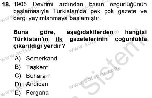 XIX. Yüzyıl Türk Dünyası Dersi 2023 - 2024 Yılı (Final) Dönem Sonu Sınavı 18. Soru