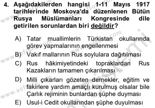 XIX. Yüzyıl Türk Dünyası Dersi 2023 - 2024 Yılı (Final) Dönem Sonu Sınavı 4. Soru