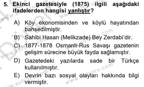 XIX. Yüzyıl Türk Dünyası Dersi 2023 - 2024 Yılı (Final) Dönem Sonu Sınavı 5. Soru