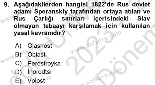 XIX. Yüzyıl Türk Dünyası Dersi 2023 - 2024 Yılı (Final) Dönem Sonu Sınavı 9. Soru