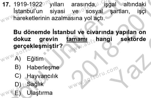 Osmanlı Devleti Yenileşme Hareketleri (1876-1918) Dersi 2018 - 2019 Yılı Yaz Okulu Sınavı 17. Soru