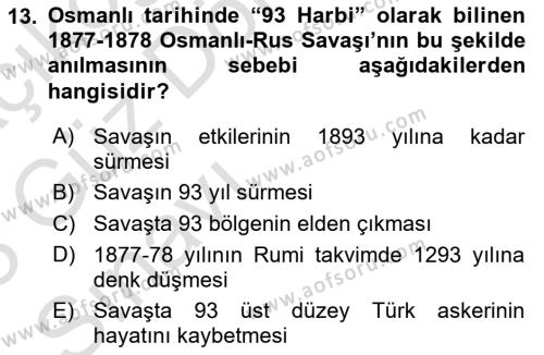 Osmanlı Devleti Yenileşme Hareketleri (1876-1918) Dersi 2022 - 2023 Yılı (Vize) Ara Sınavı 13. Soru