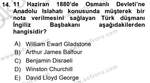 Osmanlı Devleti Yenileşme Hareketleri (1876-1918) Dersi 2022 - 2023 Yılı Yaz Okulu Sınavı 14. Soru