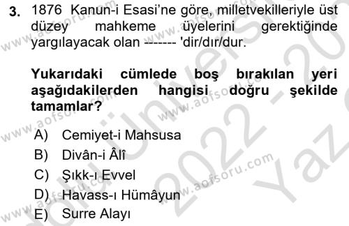 Osmanlı Devleti Yenileşme Hareketleri (1876-1918) Dersi 2022 - 2023 Yılı Yaz Okulu Sınavı 3. Soru