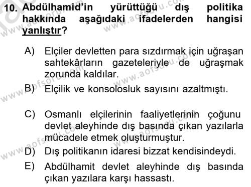 Osmanlı Devleti Yenileşme Hareketleri (1876-1918) Dersi 2023 - 2024 Yılı (Vize) Ara Sınavı 10. Soru