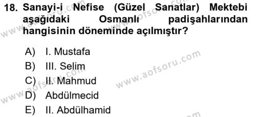 Osmanlı Devleti Yenileşme Hareketleri (1876-1918) Dersi 2023 - 2024 Yılı (Vize) Ara Sınavı 18. Soru