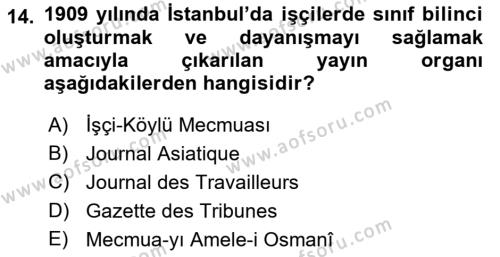 Osmanlı Devleti Yenileşme Hareketleri (1876-1918) Dersi 2023 - 2024 Yılı (Final) Dönem Sonu Sınavı 14. Soru