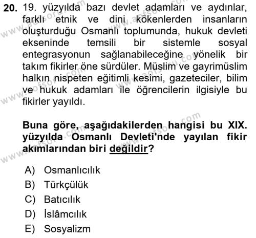 Osmanlı Devleti Yenileşme Hareketleri (1876-1918) Dersi 2023 - 2024 Yılı (Final) Dönem Sonu Sınavı 20. Soru