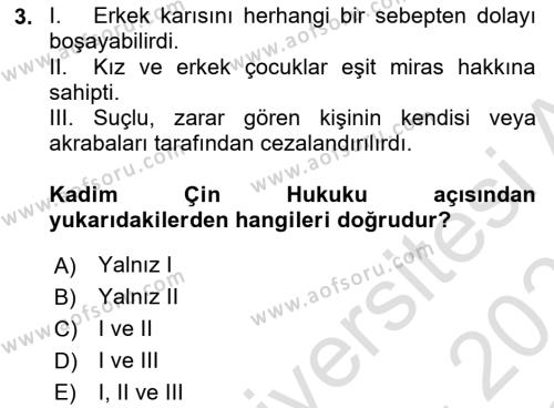 Hukuk Tarihi Dersi 2020 - 2021 Yılı Yaz Okulu Sınavı 3. Soru