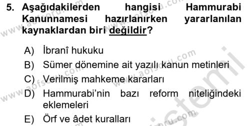 Hukuk Tarihi Dersi 2023 - 2024 Yılı (Vize) Ara Sınavı 5. Soru