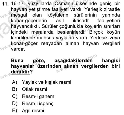 Osmanlı İktisat Tarihi Dersi 2022 - 2023 Yılı (Vize) Ara Sınavı 11. Soru