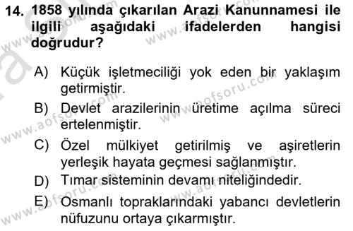 Osmanlı İktisat Tarihi Dersi 2022 - 2023 Yılı (Vize) Ara Sınavı 14. Soru