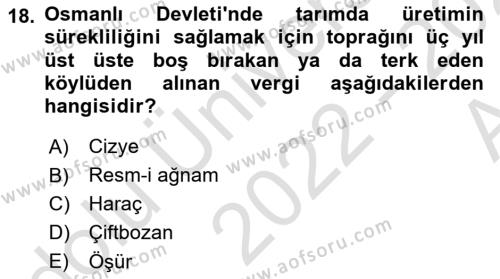 Osmanlı İktisat Tarihi Dersi 2022 - 2023 Yılı (Vize) Ara Sınavı 18. Soru