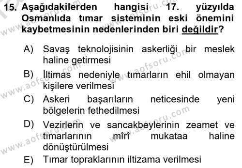 Osmanlı İktisat Tarihi Dersi 2023 - 2024 Yılı (Vize) Ara Sınavı 15. Soru