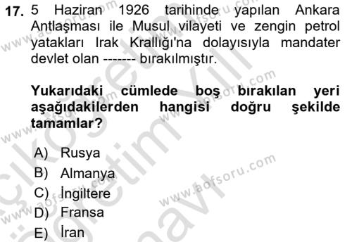 Modern Ortadoğu Tarihi Dersi 2020 - 2021 Yılı Yaz Okulu Sınavı 17. Soru