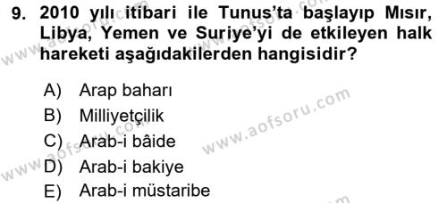 Modern Ortadoğu Tarihi Dersi 2021 - 2022 Yılı Yaz Okulu Sınavı 9. Soru